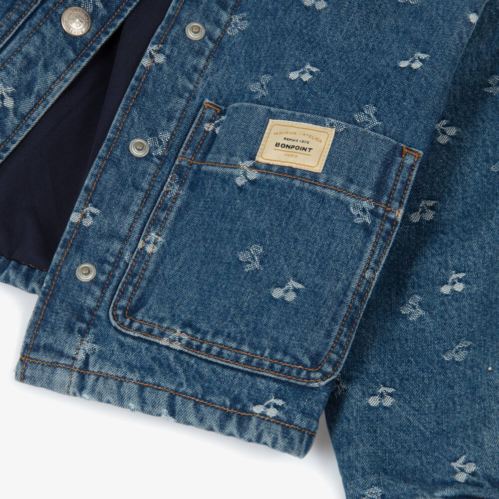 Bonpoint-Girls Blue Denim Cherry Embroidered Jacket | Childrensalon Outlet