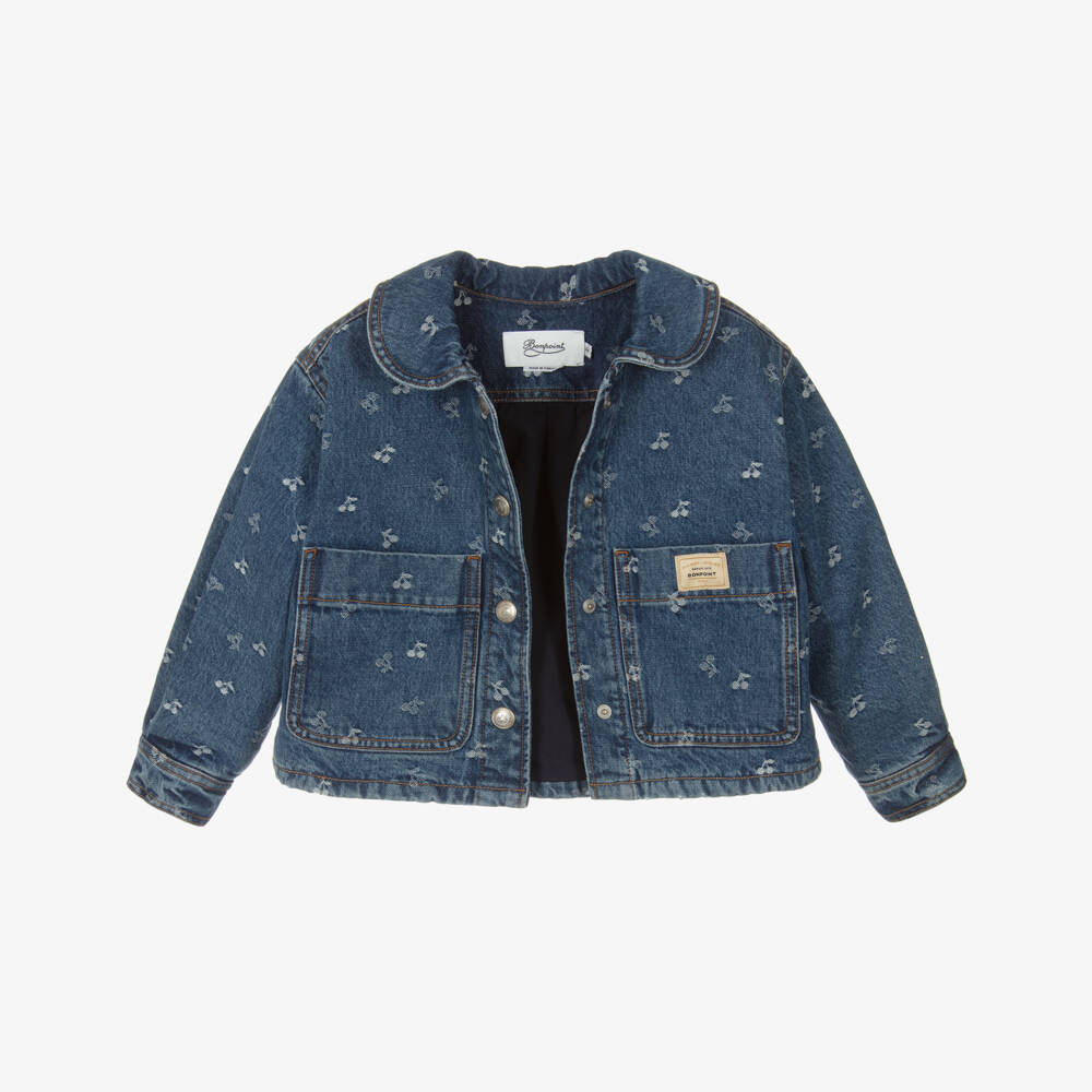 Bonpoint-Girls Blue Denim Cherry Embroidered Jacket | Childrensalon Outlet