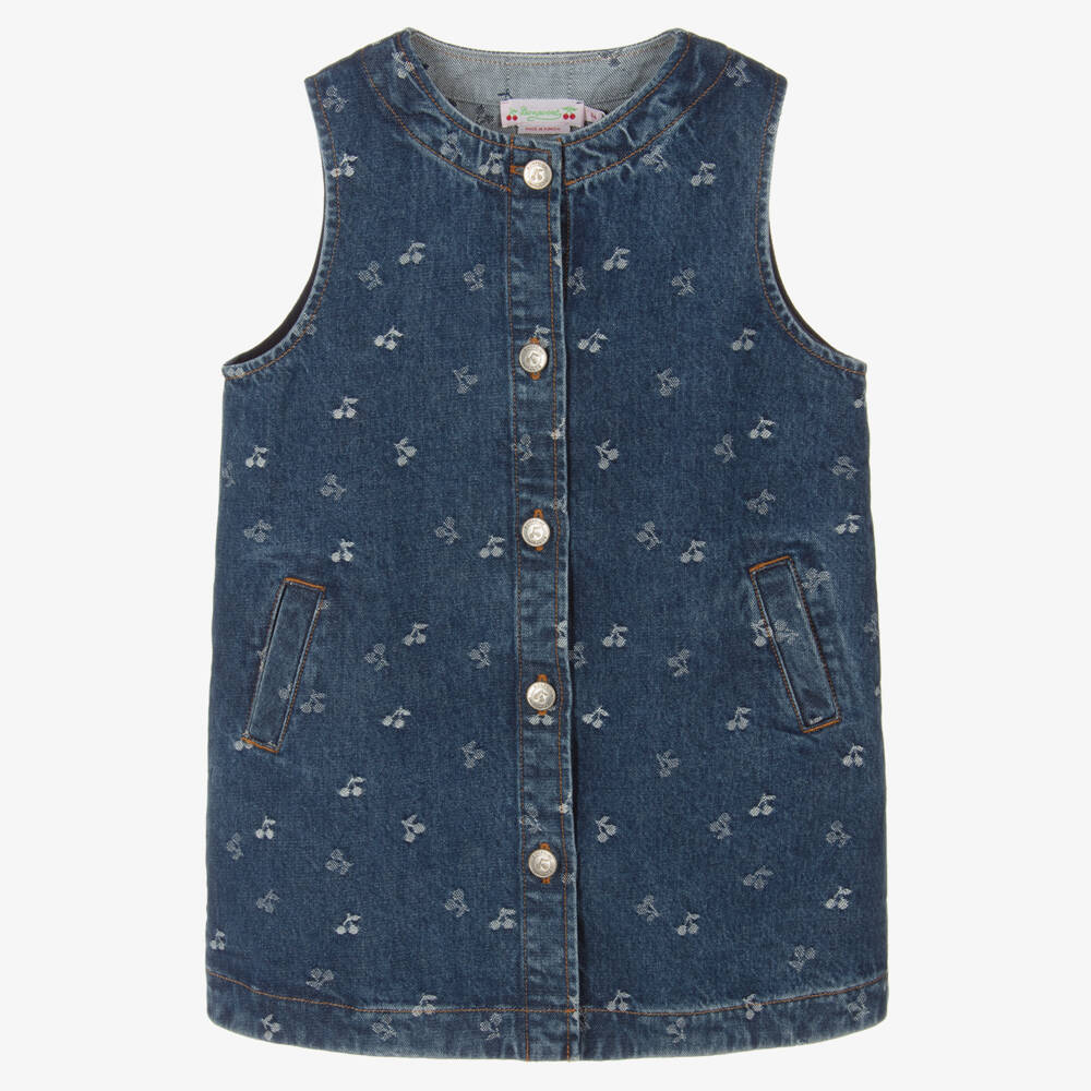 Bonpoint-Girls Blue Denim Jacquard Cherry Logo Dress | Childrensalon Outlet