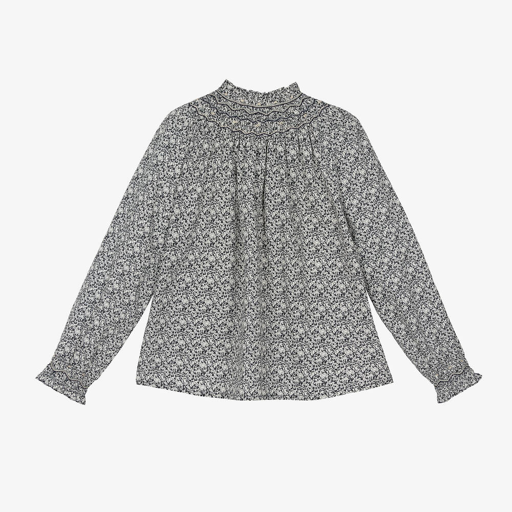 Bonpoint-Girls Blue Floral Hand-Smocked Cotton Blouse | Childrensalon Outlet