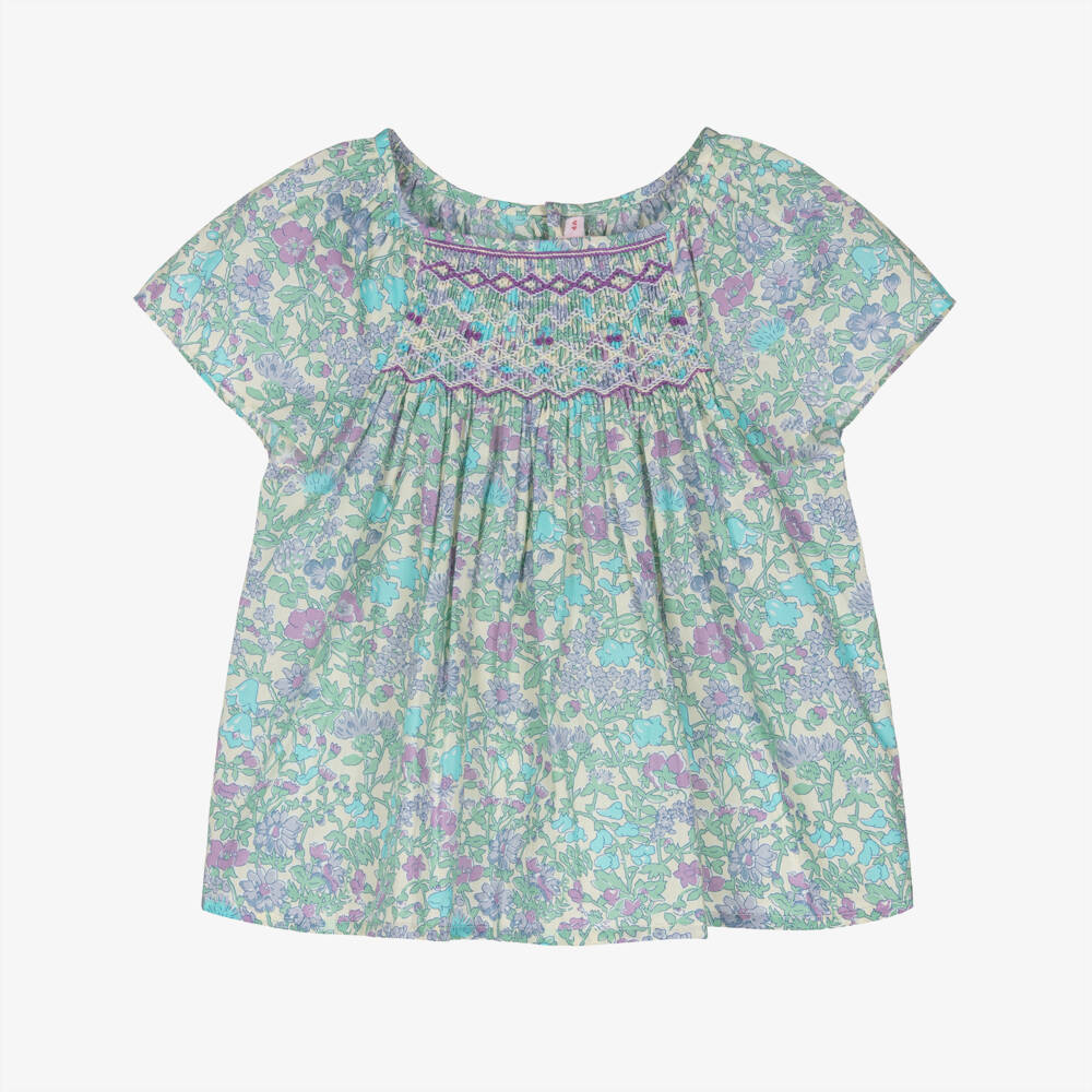 Bonpoint-Girls Blue Floral Liberty Fabric Smocked Blouse | Childrensalon Outlet