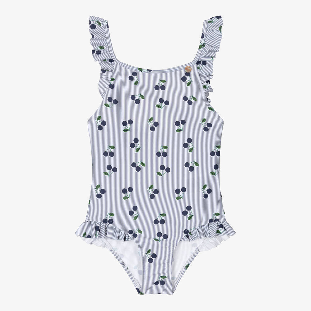 Bonpoint-Girls Blue Stripe & Cherry Print Swimsuit  | Childrensalon Outlet