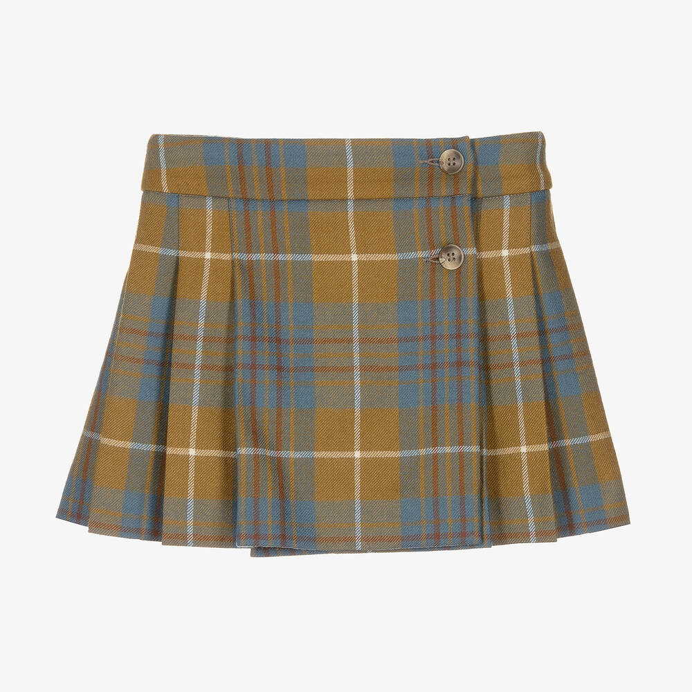 Bonpoint - Girls Blue Tartan Wool Pleated Skirt | Childrensalon