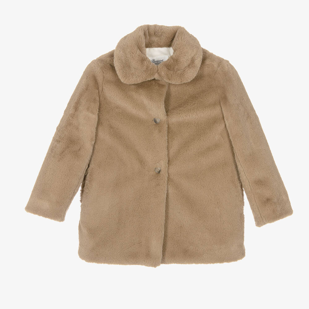 Bonpoint - Girls Brown Faux Fur Collared Coat | Childrensalon