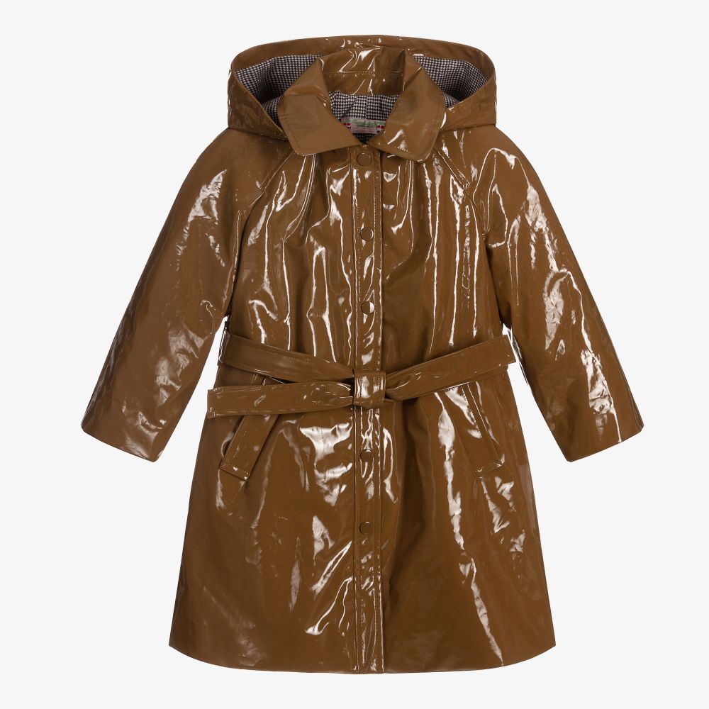 Bonpoint - معطف ترانشكوت جلد لامع لون بني للبنات | Childrensalon