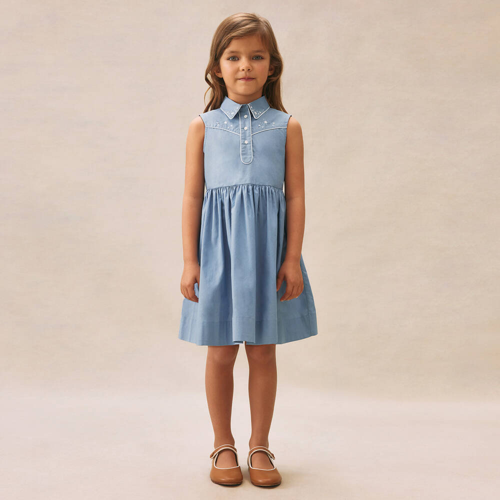 Bonpoint-Хлопковое платье-сарафан синего цвета для девочек | Childrensalon Outlet