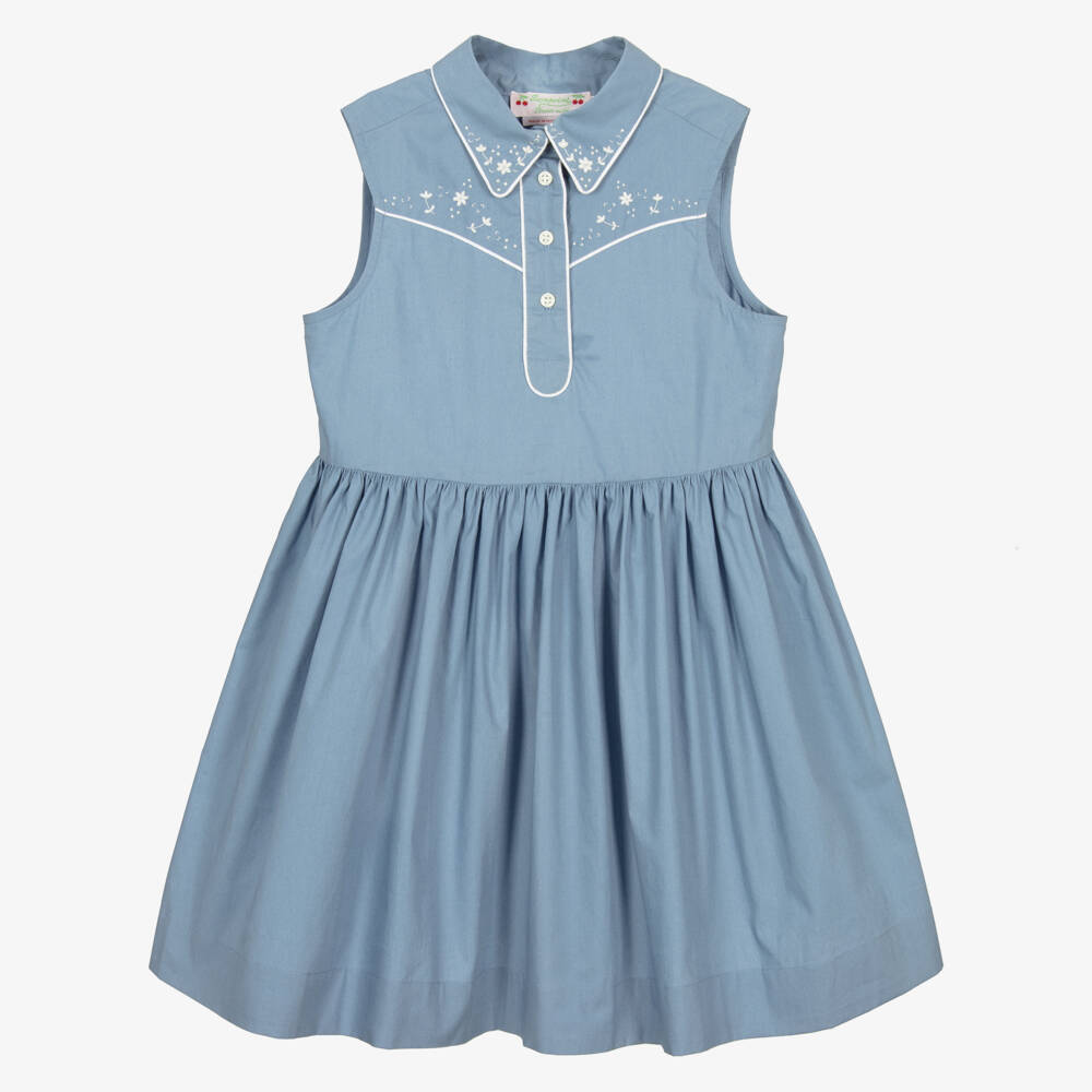 Bonpoint-Girls Cotton Poplin Blue Sundress | Childrensalon Outlet