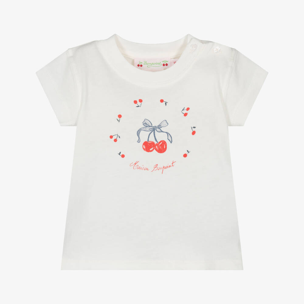 Bonpoint-Girls Cream Cherry Cotton Tee | Childrensalon Outlet