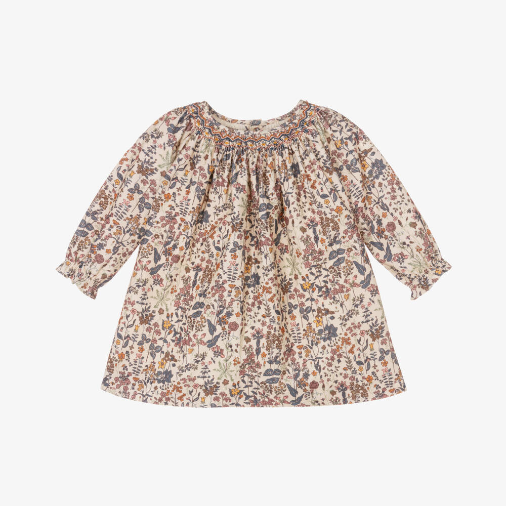 Bonpoint-Girls Floral Beige Needlecord Dress | Childrensalon Outlet