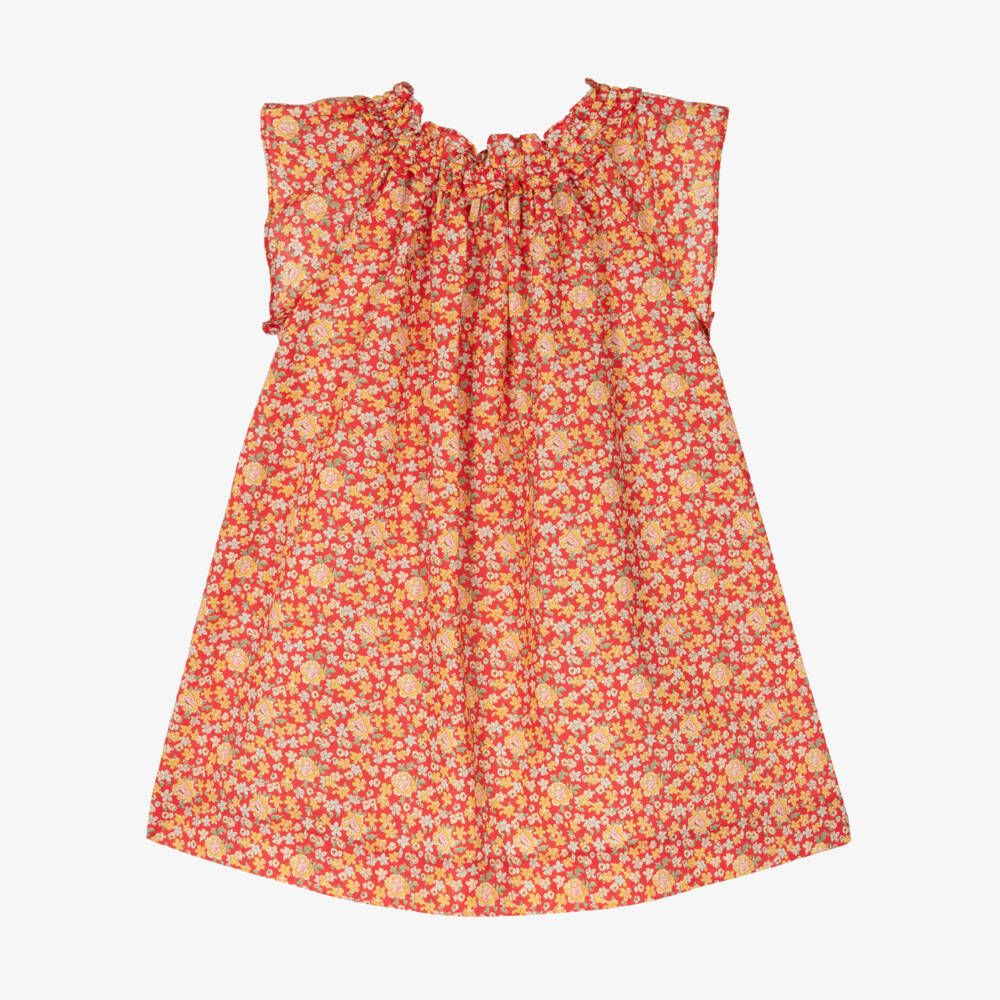 Bonpoint-فستان قطني أحمر مزين بالورود للبنات | Childrensalon Outlet