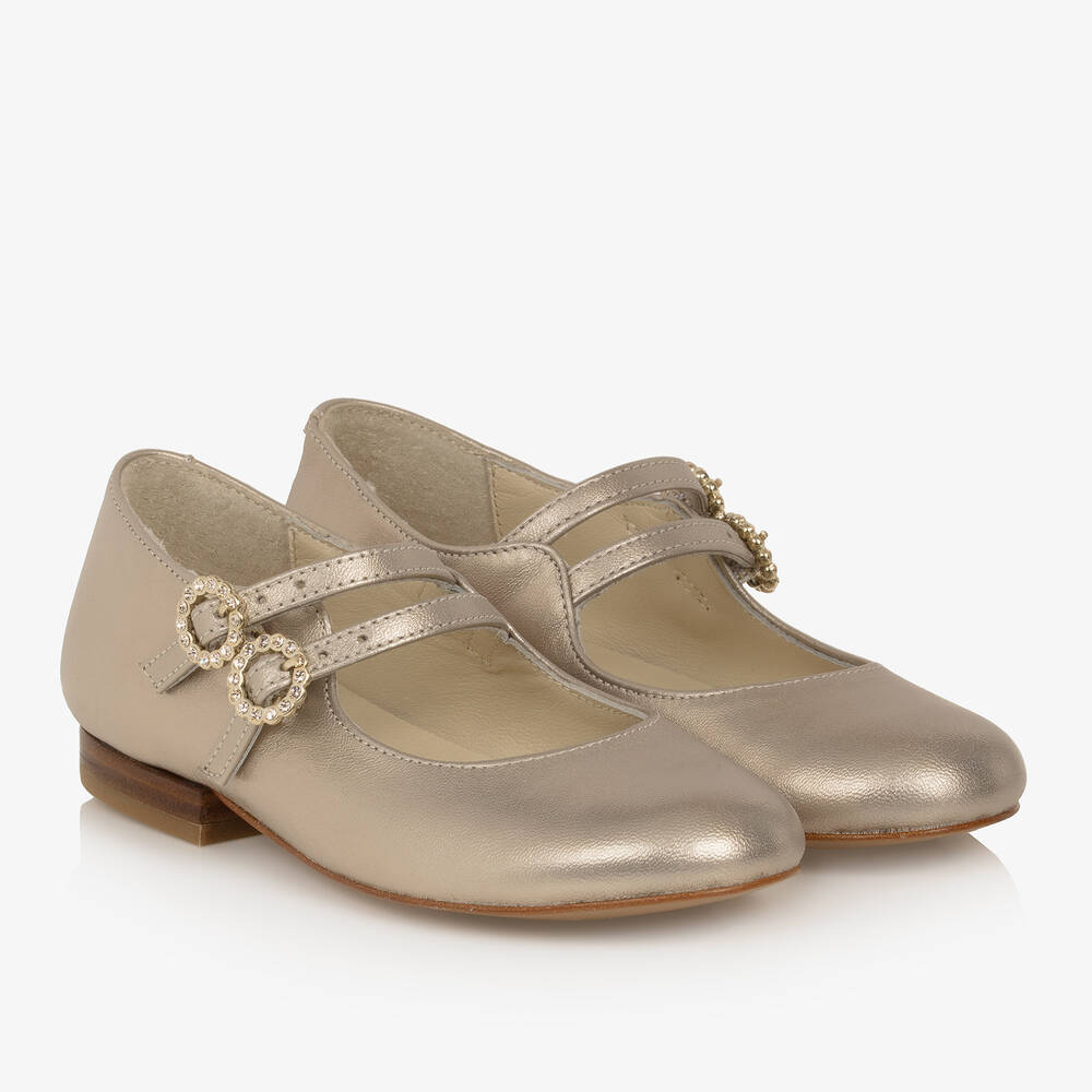 Bonpoint - Girls Gold Buckle Ballerina Pumps | Childrensalon