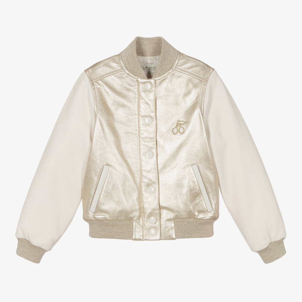 Bonpoint - Girls Gold Leather Bomber Jacket  | Childrensalon