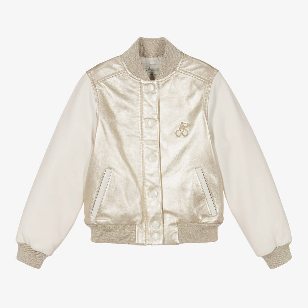 Bonpoint Girls Gold Leather Bomber Jacket Childrensalon Outlet