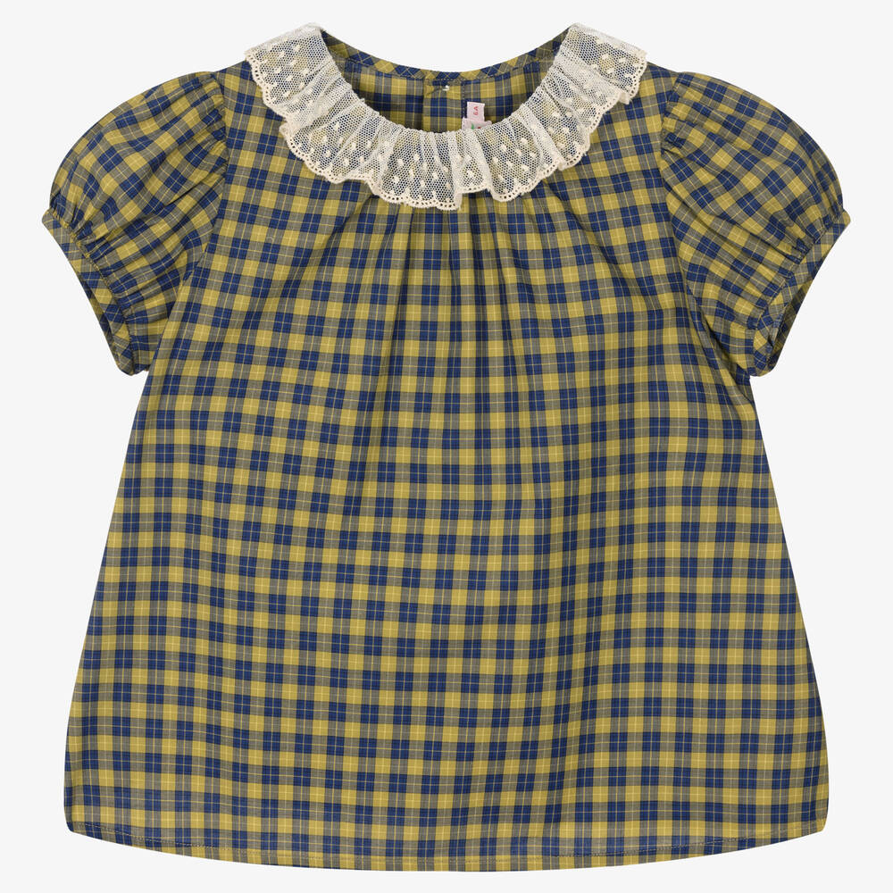 Bonpoint - Girls Green Checked Poplin Blouse | Childrensalon