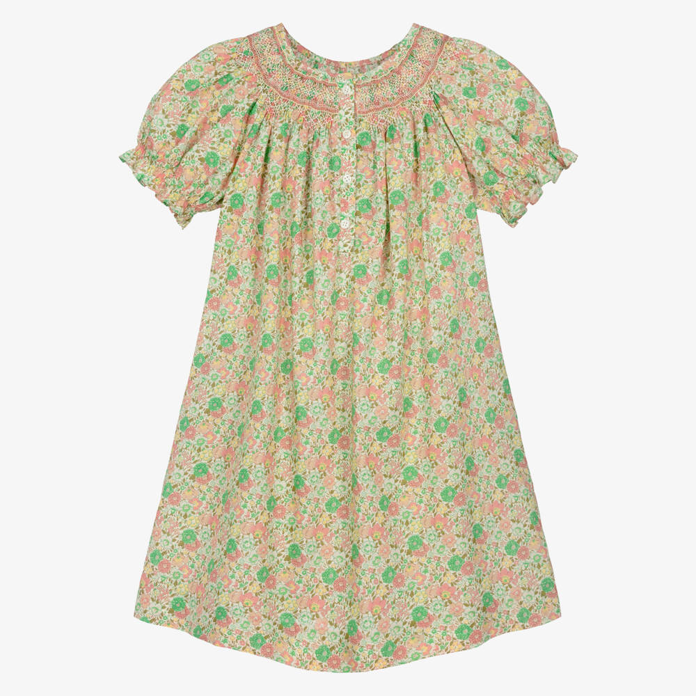 Bonpoint-Girls Green Floral Cotton Dress | Childrensalon Outlet