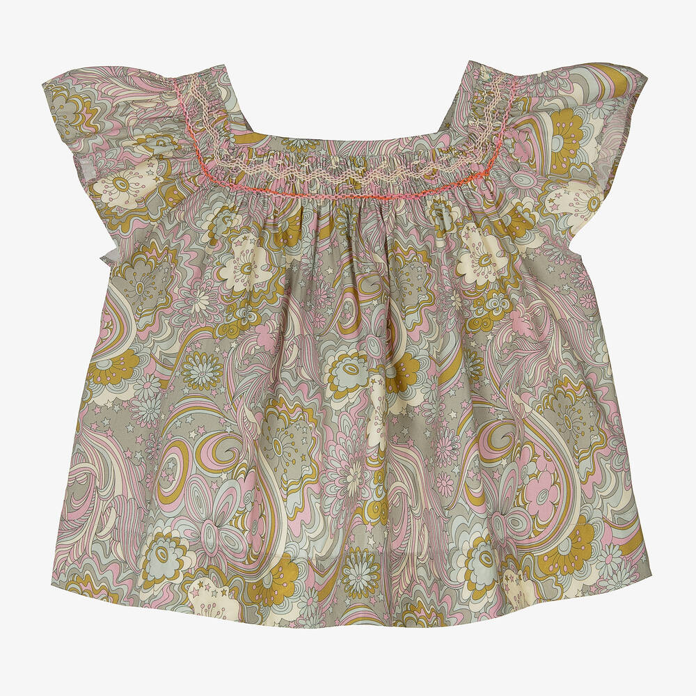 Bonpoint-Girls Green Liberty Print Smocked Blouse | Childrensalon Outlet