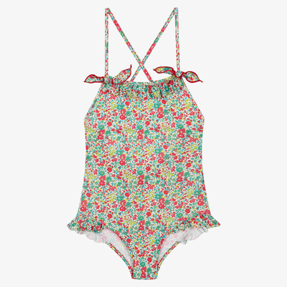 Bonpoint - Girls Green & Red Liberty Floral Swimsuit | Childrensalon