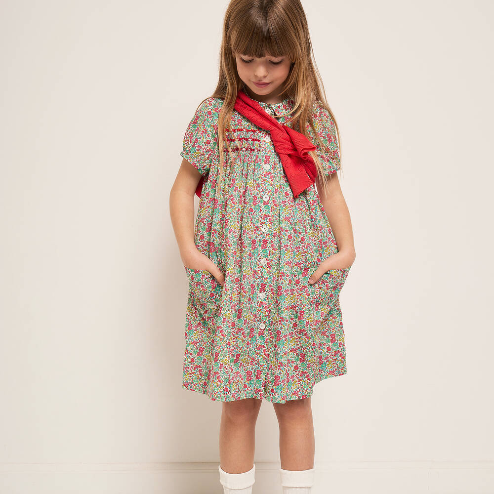 Bonpoint - Girls Green & Red Smocked Liberty Dress | Childrensalon Outlet