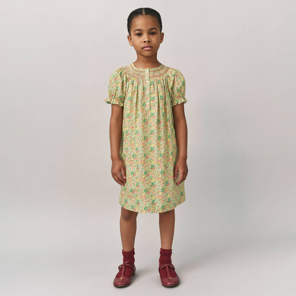 Bonpoint-فستان قطني أخضر مزهر للبنات | Childrensalon Outlet