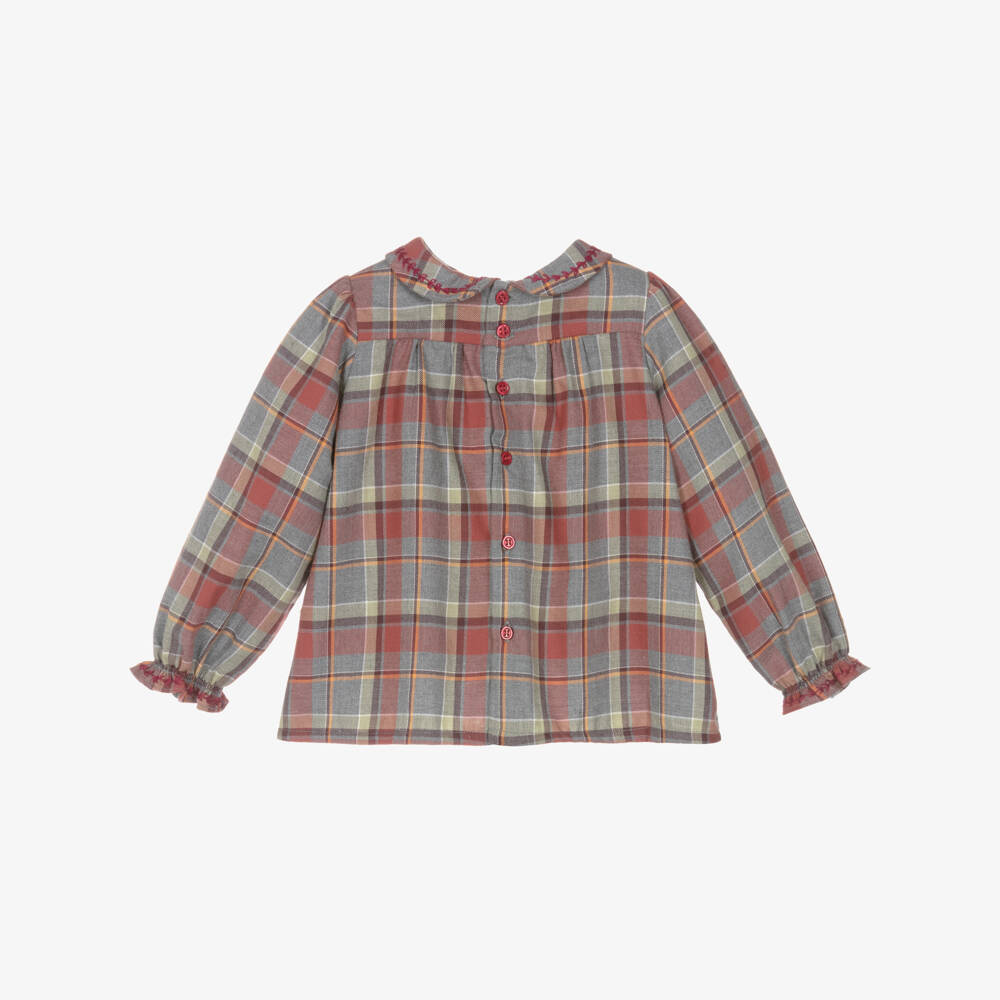 Bonpoint-Girls Grey and Burgundy Checked Blouse | Childrensalon Outlet