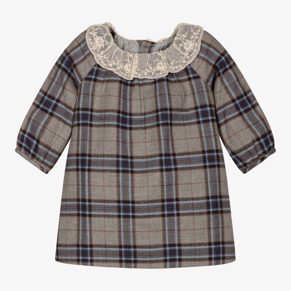 Bonpoint - Girls Grey Check Wool Dress | Childrensalon
