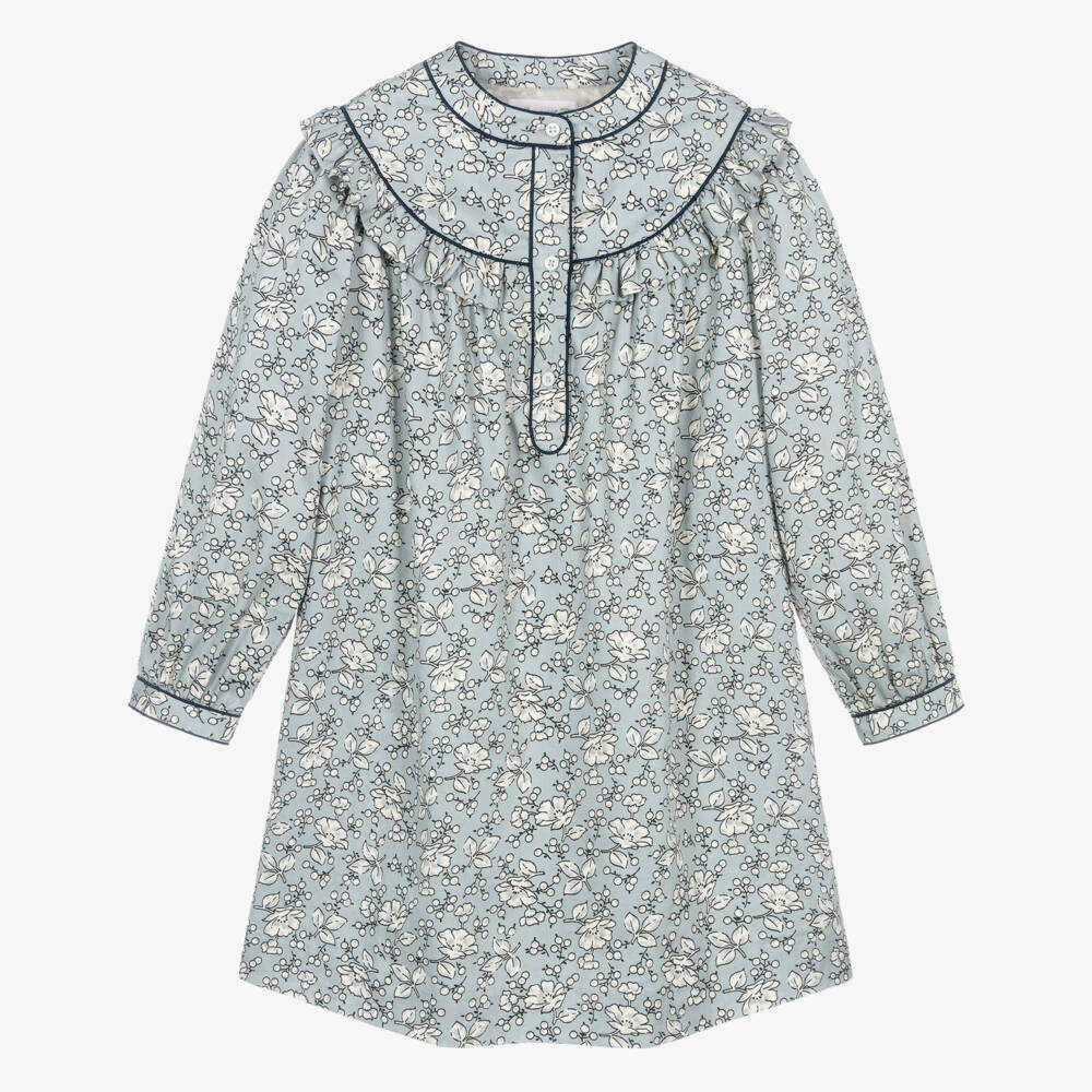 Bonpoint-Girls Grey Cotton Dress with Ivory Floral Print | Childrensalon Outlet