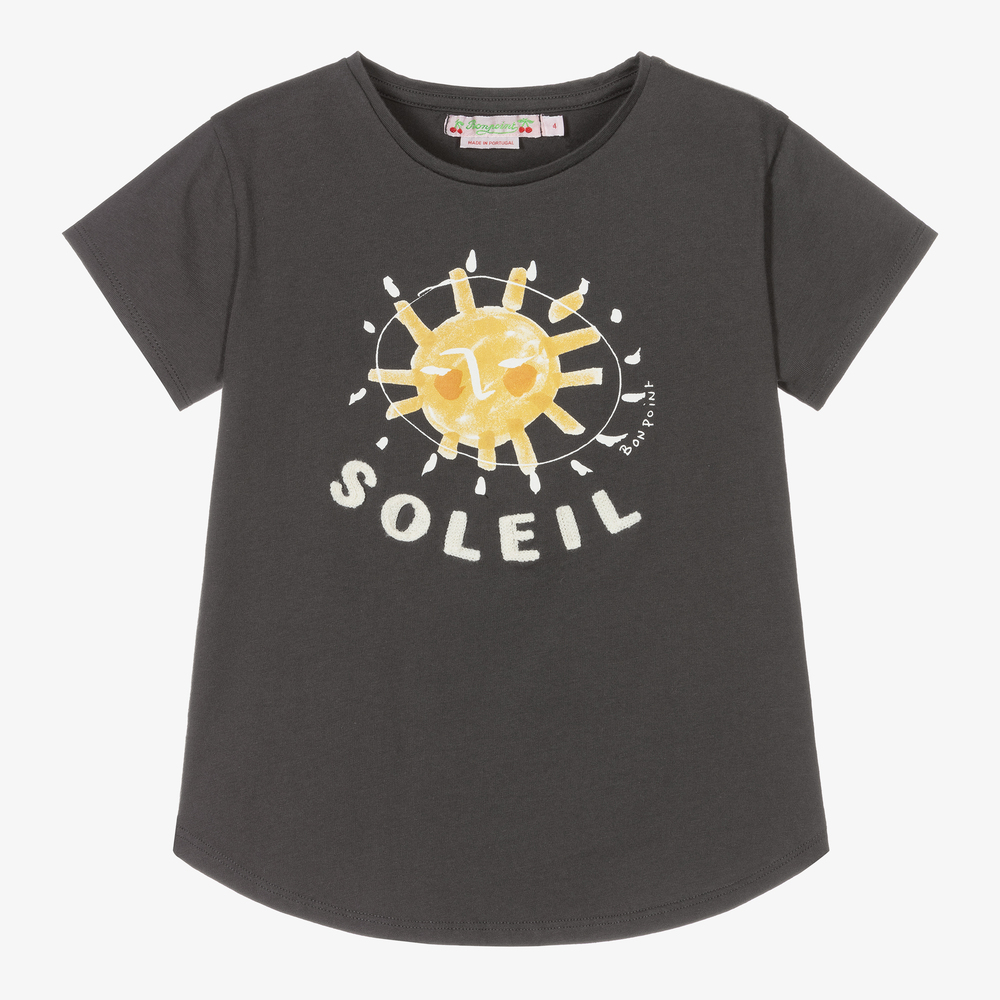 Bonpoint - Серая хлопковая футболка для девочек  | Childrensalon