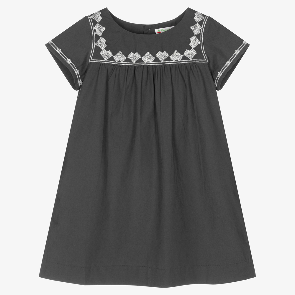 Bonpoint - Girls Grey Embroidered Dress  | Childrensalon