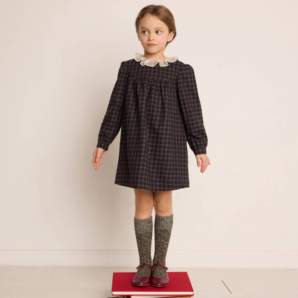 Bonpoint-Girls Grey & Pink Check Cotton Dress | Childrensalon Outlet