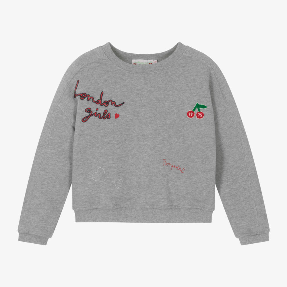 Bonpoint-Girls Grey Slogan Cotton Jumper | Childrensalon Outlet