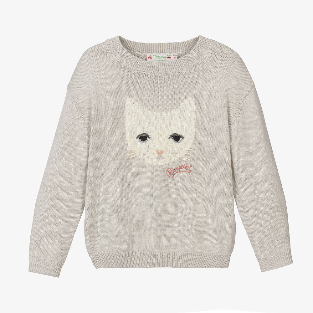 Bonpoint - Girls Grey Wool Knit Cat Jumper | Childrensalon
