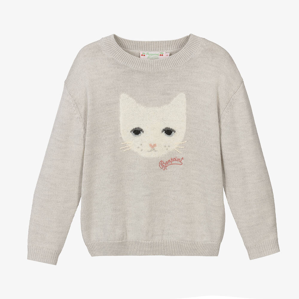 Bonpoint - Pull gris en laine Chat Fille | Childrensalon