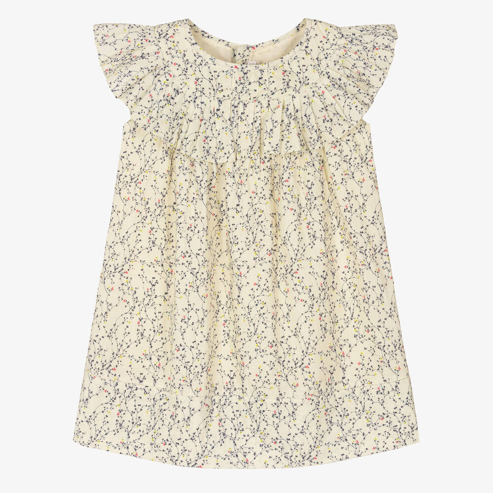 Bonpoint - Girls Ivory & Blue Floral Cotton Dress | Childrensalon