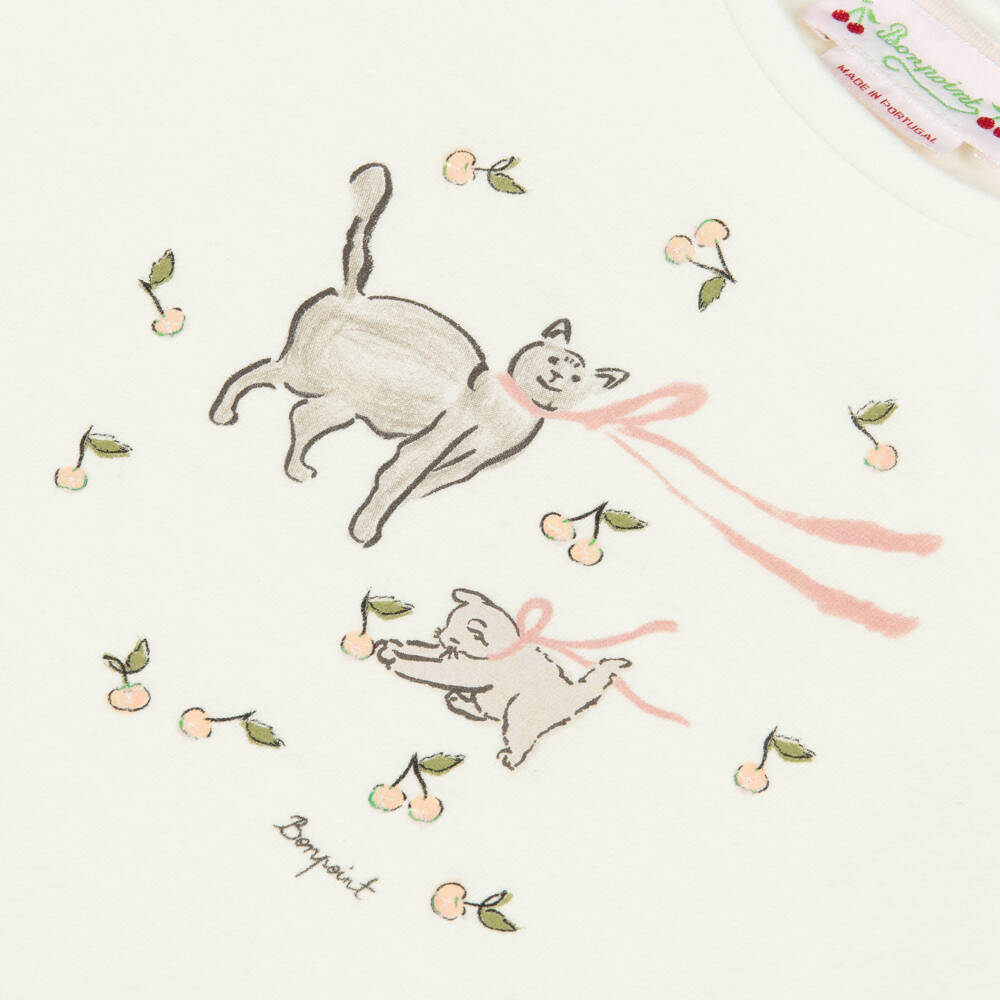 Bonpoint-Girls Ivory Cat Graphic Tee | Childrensalon Outlet