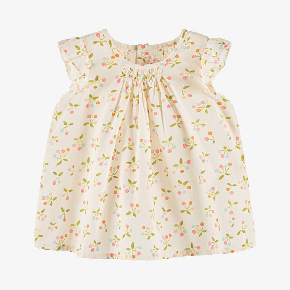 Bonpoint-بلوزة قطنية عاجية للبنات مزينة بالكرز | Childrensalon Outlet