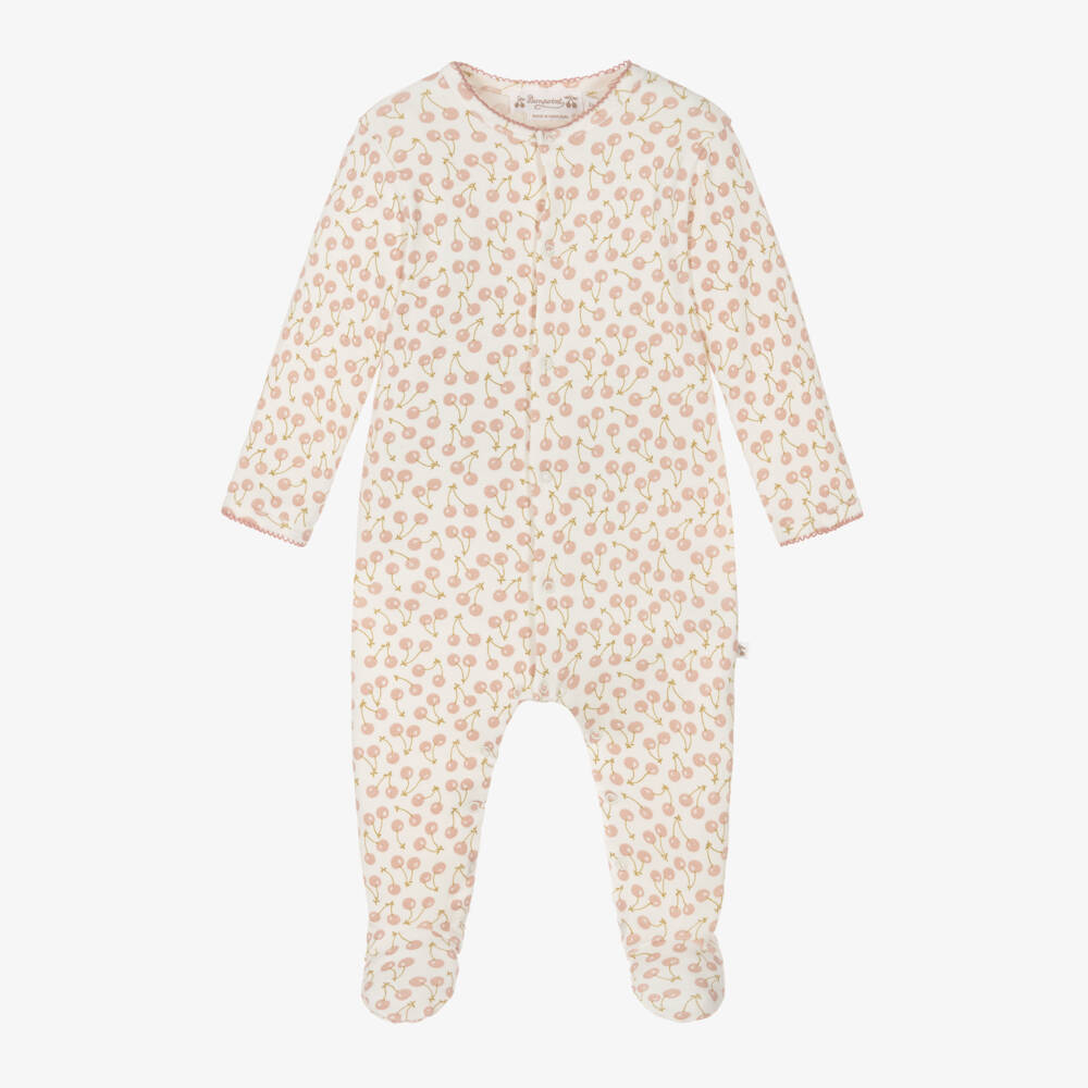 Bonpoint-Girls Ivory Cotton Babygrow with Pink Cherry Logo Print | Childrensalon Outlet