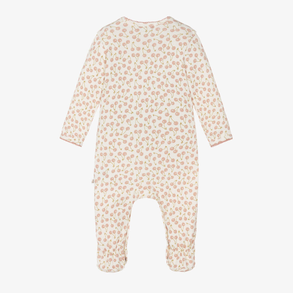 Bonpoint-Girls Ivory Cotton Babygrow with Pink Cherry Logo Print | Childrensalon Outlet