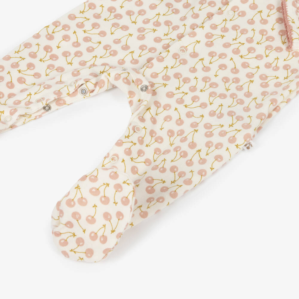 Bonpoint-Girls Ivory Cotton Babygrow with Pink Cherry Logo Print | Childrensalon Outlet