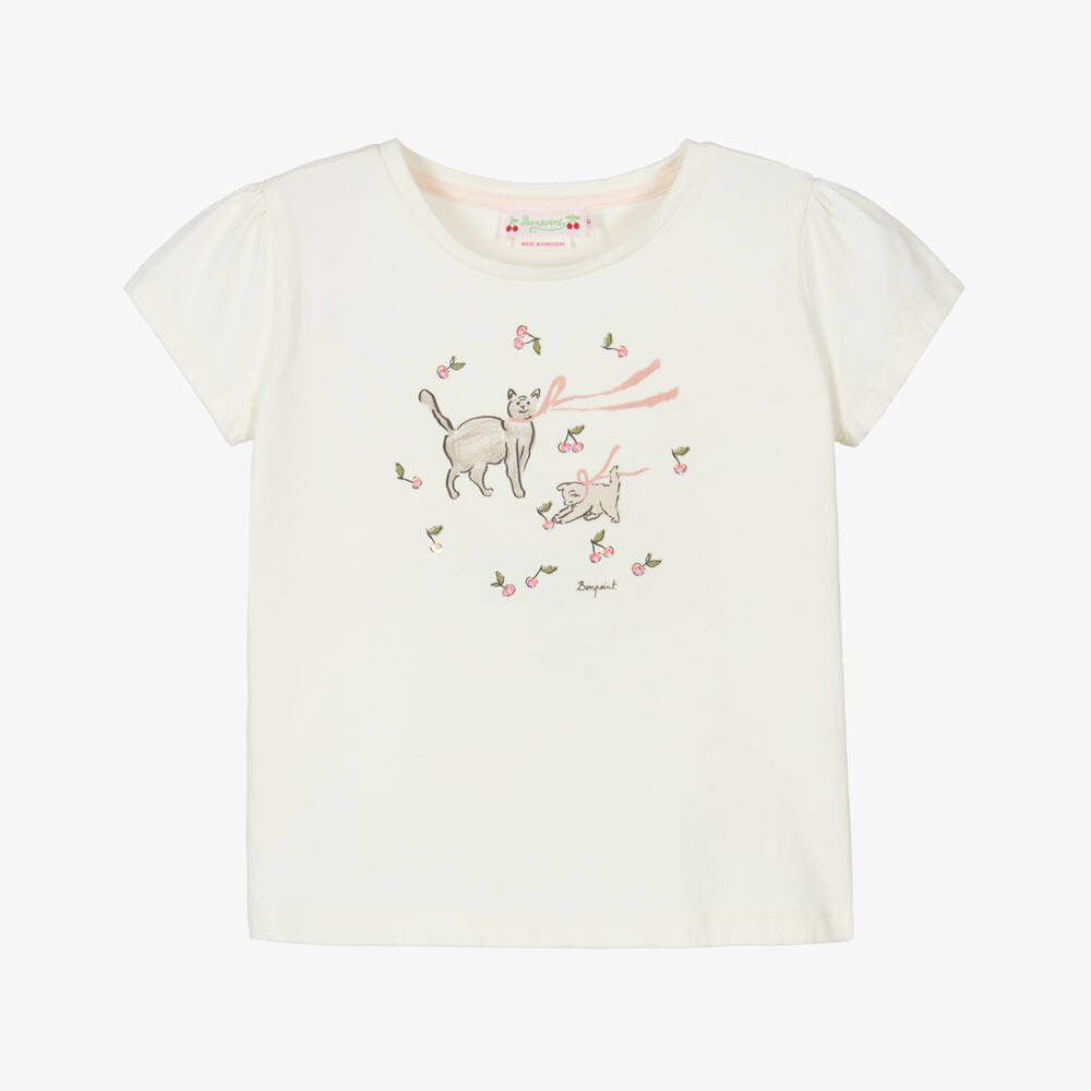 Bonpoint-Girls Ivory Cotton Cat T-Shirt | Childrensalon Outlet