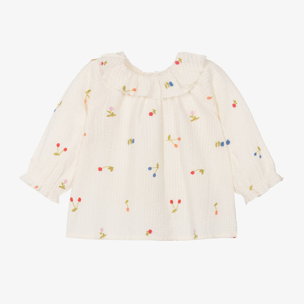 Bonpoint-Girls Ivory Cotton Cherries Blouse  | Childrensalon Outlet