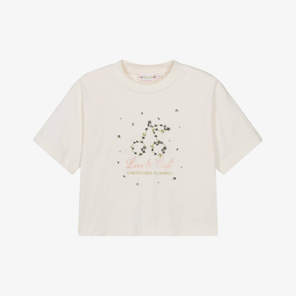Bonpoint-Girls Ivory Cotton Cherry Embroidery T-Shirt | Childrensalon Outlet