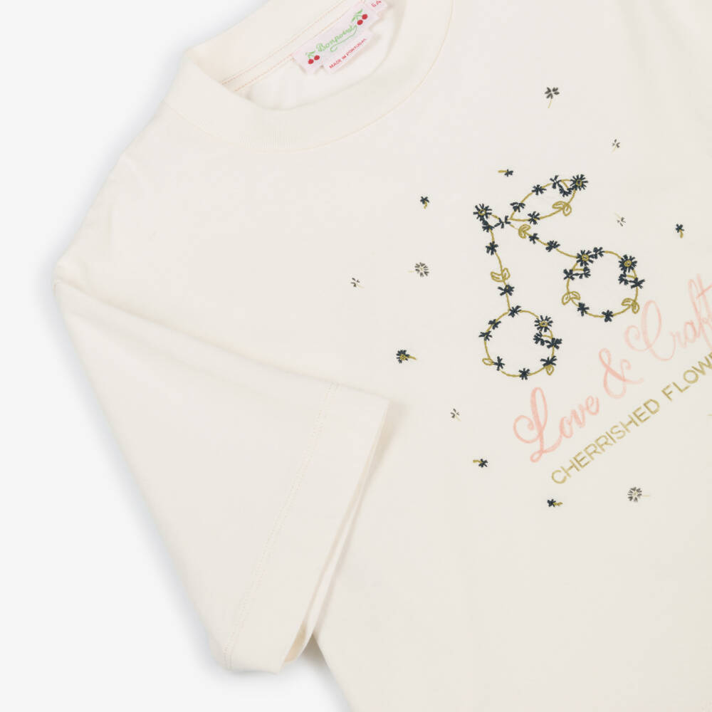 Bonpoint-Girls Ivory Cotton Cherry Embroidery T-Shirt | Childrensalon Outlet