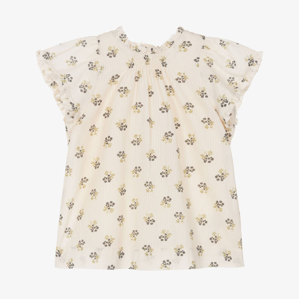 Bonpoint-Girls Ivory Cotton Dress with Black Floral Print | Childrensalon Outlet