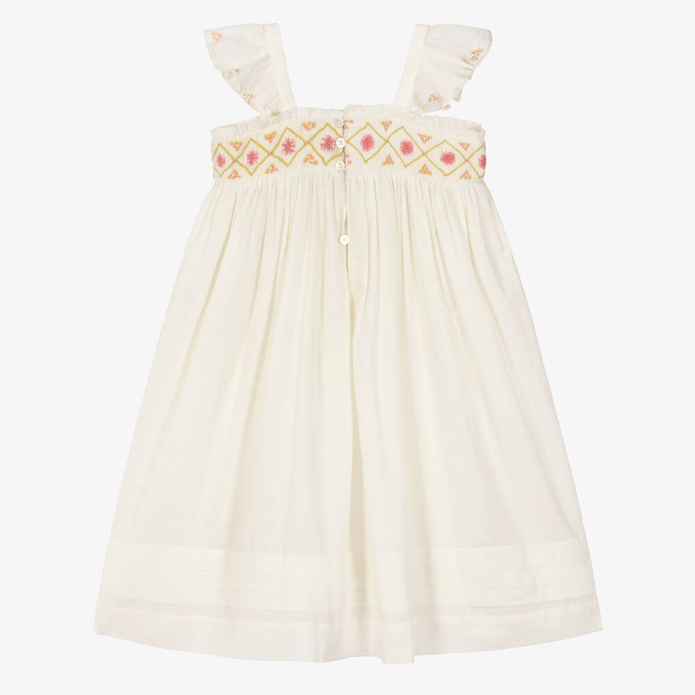 Bonpoint-Girls Ivory Cotton Dress with Pink Floral Embroidery | Childrensalon Outlet