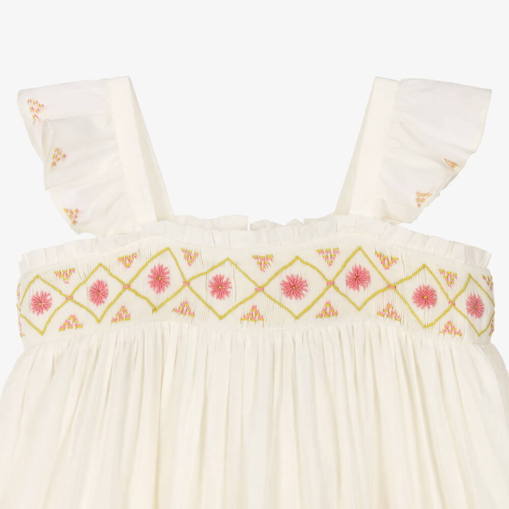 Bonpoint-Girls Ivory Cotton Dress with Pink Floral Embroidery | Childrensalon Outlet