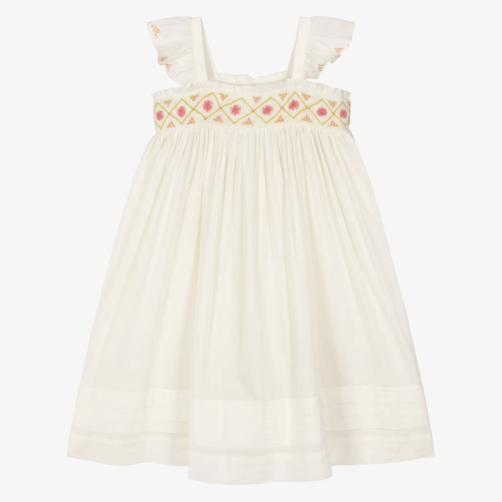 Bonpoint-Girls Ivory Cotton Dress with Pink Floral Embroidery | Childrensalon Outlet