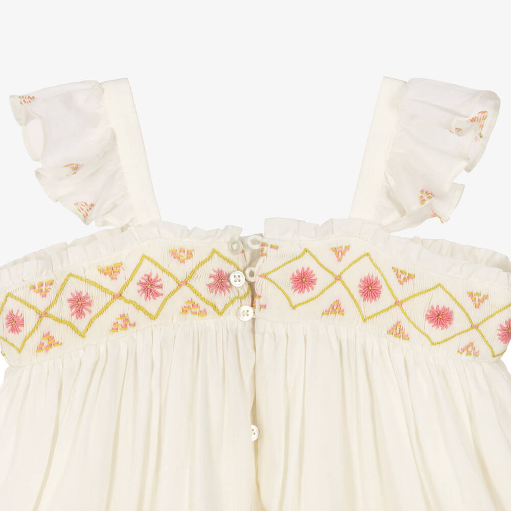 Bonpoint-Girls Ivory Cotton Dress with Pink Floral Embroidery | Childrensalon Outlet