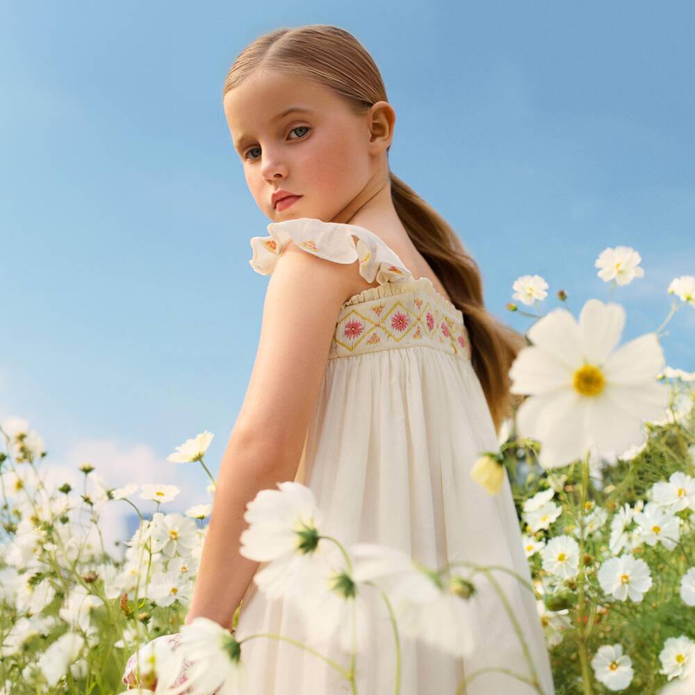 Bonpoint-Girls Ivory Cotton Dress with Pink Floral Embroidery | Childrensalon Outlet