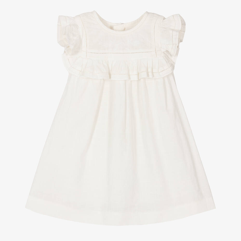 Bonpoint - Girls Ivory Cotton Embroidered Dress | Childrensalon