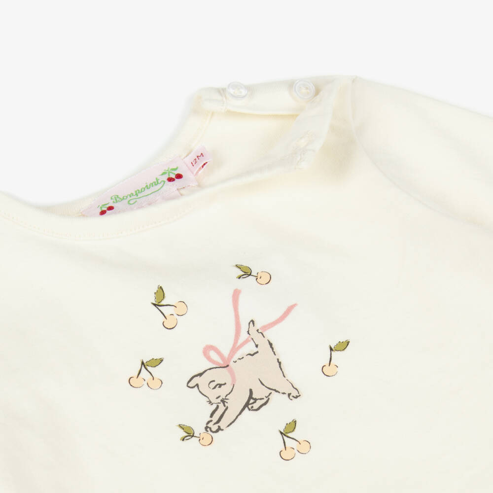 Bonpoint-Girls Ivory Cotton Kitten Print Long Sleeve Top | Childrensalon Outlet